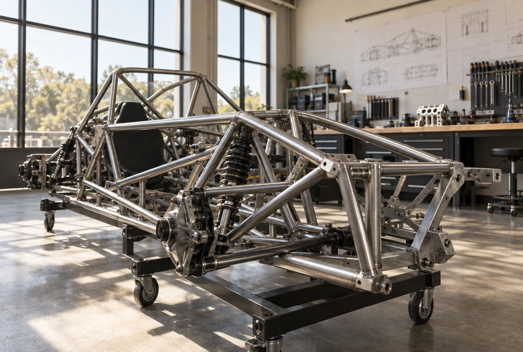 Open-wheel racing chassis in a workshop illustrating lightweight metal construction